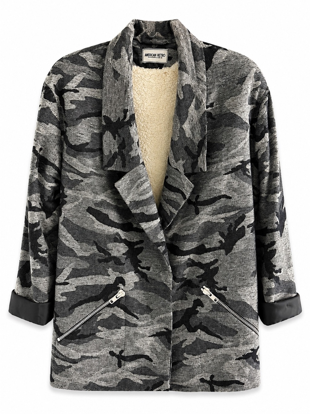 American Retro Camo Fleece Lined Oversized Blazer Jacket L